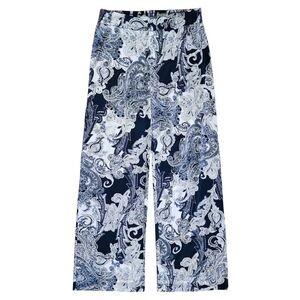 IMAN Global Chic Luxury Resort Gold Foil & Blue Paisley Palazzo Pants Medium